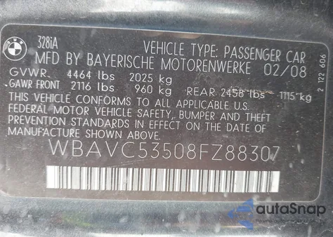 2008 BMW 328I z USA, uszkodzony, nr VIN WBAVC53508FZ88307